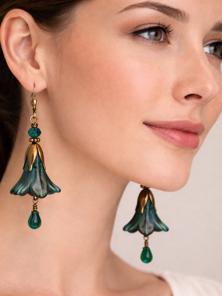 Green Hand Painted Lucite Flower Earrings, Crystal, Filigree Bronze Cap